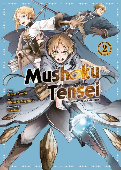 "Mushoku Tensei: Die Schatten des Magiers." Drei Charaktere in Abenteurerkleidung, kämpferisch, mit Waffen und Energie.