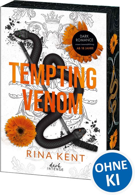 "Tempting Venom", dunkle Schlange um einen Dolch, orange Blume und Label "Ab 18 Jahre".