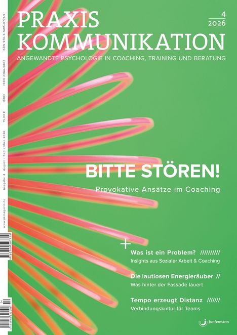 Titel: PRAXIS KOMMUNIKATION. Thema: "BITTE STÖREN!" Vor pink-grünem Hintergrund, abstrakte farbige Spirale, minimalistisch.
