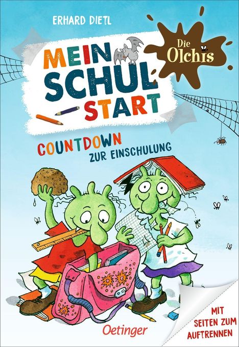 "Erhard Dietl, Mein Schulstart: Countdown zur Einschulung. Die Olchis. Zwei grüne Figuren mit Schultasche und Buch."