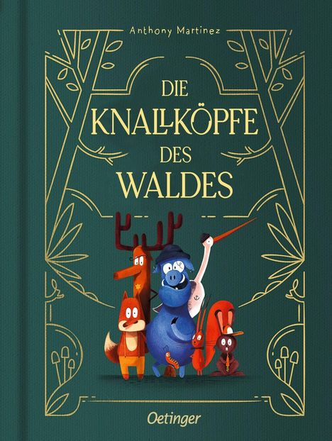 Text: "Die Knallköpfe des Waldes". Illustration: Tiere in leuchtenden Farben mit geometrischen Baumdekorationen.