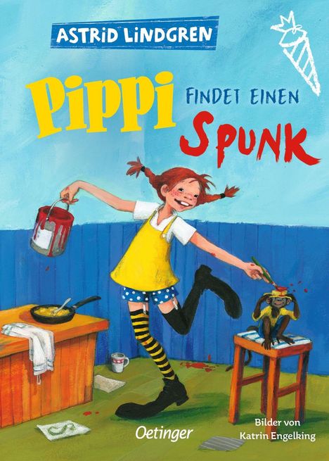 Text: "Astrid Lindgren. Pippi findet einen Spunk. Oetinger. Bilder von Katrin Engelking." Illustration: Pippi trägt Farbe.