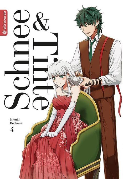 „Schnee & Tinte“, Miyuki Unohana, 4. Zwei stilvolle Animefiguren, eine Frau im roten Kleid sitzt auf einem grünen Sessel.