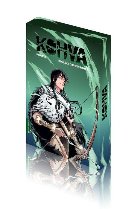"KSHVA", "KONATA", "COLLECTORS EDITION" auf grünem Hintergrund. Illustration eines Kriegers mit Bogen und Pfeilen.