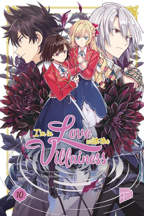 Text: I'm in Love with the Villainess. Illustration: Vier Charaktere in Schuluniformen vor purpurnen Blumen.