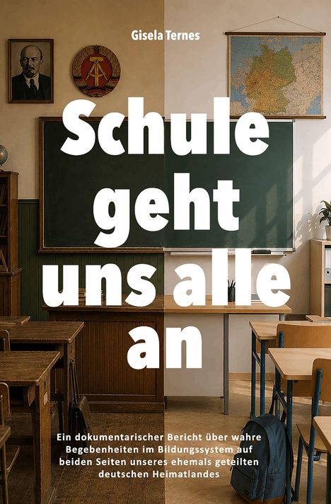„Gisela Ternes. Schule geht uns alle an. Ein Klassenzimmer mit Holztischen, Stühlen und einer Tafel. Links ein Bild und Logo.“