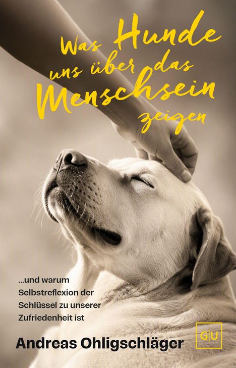 "Was Hunde uns über das Menschsein zeigen" – Autor: Andreas Ohligschläger. Illustration: Lila Hund mit Leine, rotes Herz.