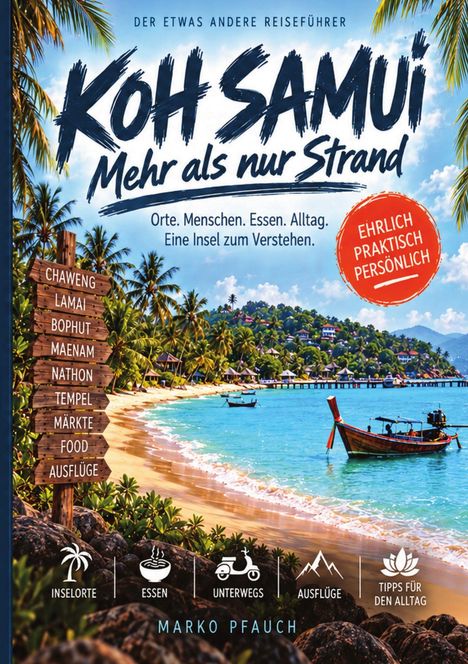 "DER ETWAS ANDERE REISEFÜHRER. KOH SAMUI. Mehr als nur Strand." zeigt eine tropische Insel mit Palmen und Booten im Wasser.