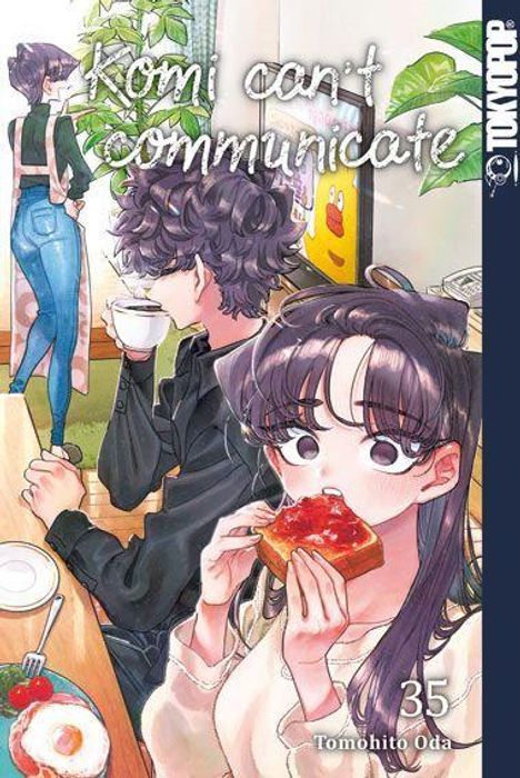 „Komi can't communicate“, „Tokyopop“, „35“, „Tomohito Oda“. Illustration: Junge trinkt Kaffee, Mädchen isst Toast.