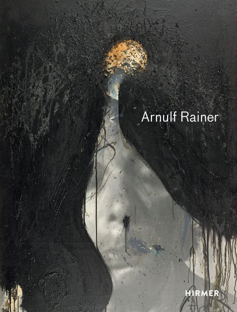 "Arnulf Rainer" und "HIRMER". Eine abstrakte Illustration mit dunklen Farben, zentral ein heller, strukturiert-gekörnter Bereich.