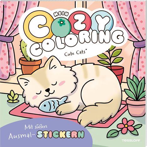 "Mit süßen Ausmal-Stickern," darüber "Mein Cozy Coloring: Cute Cats". Eine Illustration mit Katze, Pflanzen, Vorhang.
