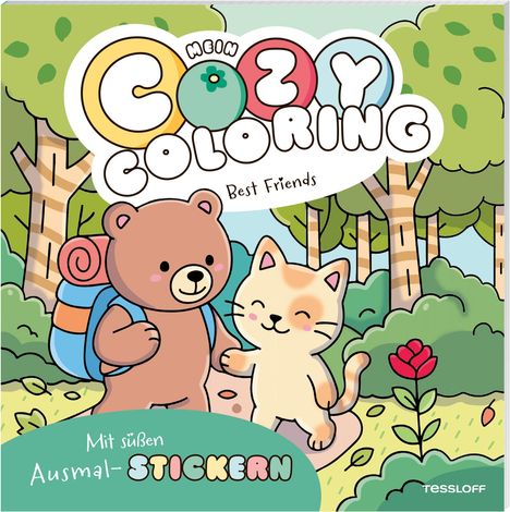 "Mein Cozy Coloring Best Friends" steht oben. Ein Bär und eine Katze im Wald, beide lächeln und halten Händchen.
