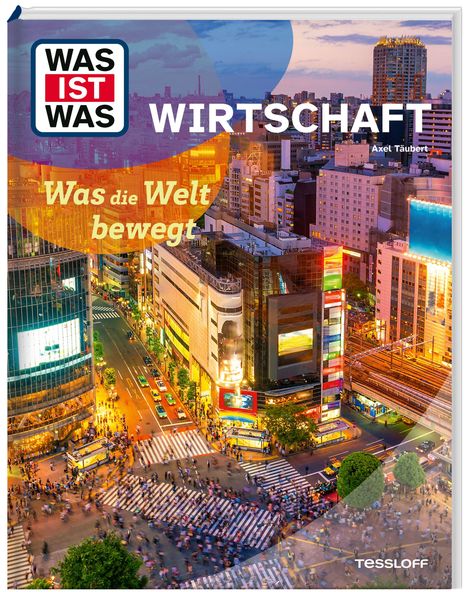 "WAS IST WAS", "WIRTSCHAFT", "Was die Welt bewegt". Stadtansicht bei Dämmerung, geschäftige Kreuzung, Hochhäuser.