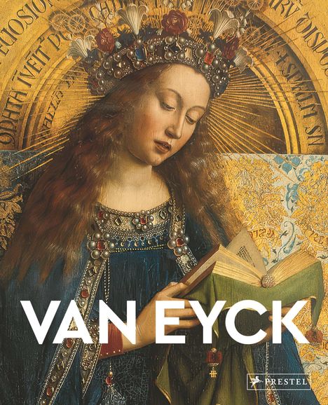 „VAN EYCK“ steht groß auf einem Gemälde einer Frau mit Blumenkrone und Buch.
