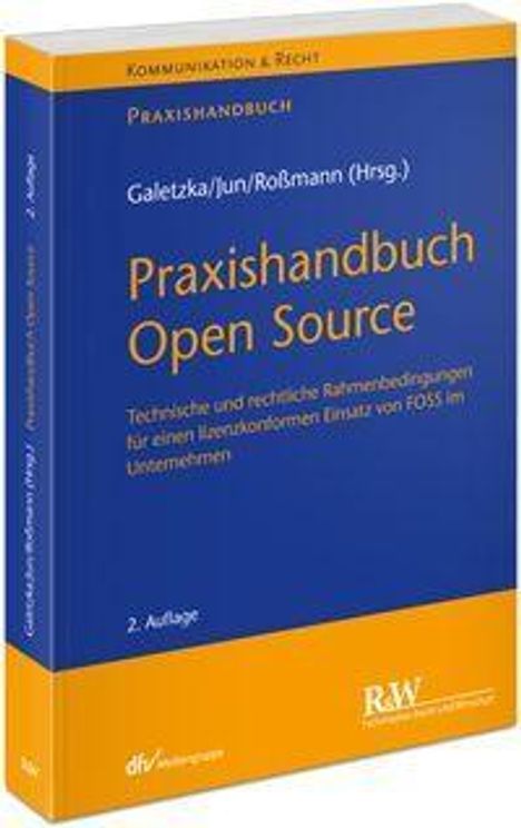 "Praxishandbuch Open Source" in großen Buchstaben. Blaues Buchcover, gelbe und weiße Schrift, Herausgeber sind Galetzka/Jun/Roßmann.