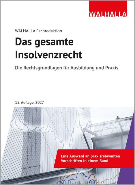 Text: WALHALLA Fachredaktion, Das gesamte Insolvenzrecht, 15. Auflage, 2027. Diagramme und Gebäude im Hintergrund.