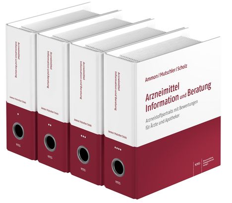 Vier weiße Ordner mit rotem Boden. Aufschrift: "Arzneimittel Information und Beratung". Von Ammon/Mutschler/Scholz.