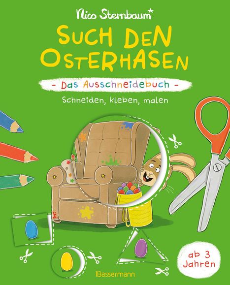 Text: "Such den Osterhasen - Das Ausschneidebuch - Schneiden, kleben, malen. Ab 3 Jahren." Illustration: Hase hinter Sessel.