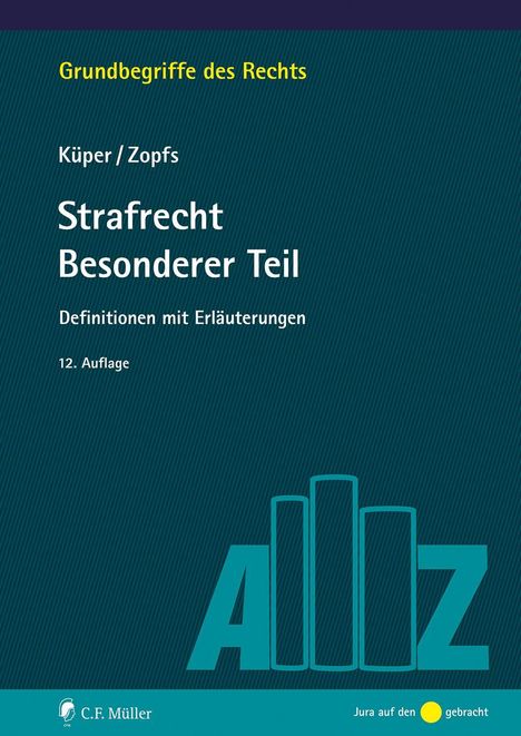 "Strafrecht Besonderer Teil" von Küper/Zopfs, Definitionsbuch, 12. Auflage. Dunkelblauer Hintergrund mit stilisierten Büchern.