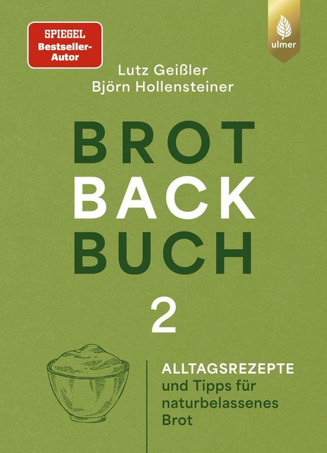 „Brot Back Buch 2“ in großen Buchstaben auf grünem Hintergrund, Illustration einer Teigschüssel darunter.