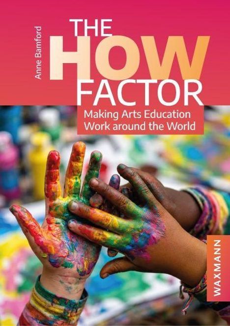 "The HOW Factor: Making Arts Education Work around the World." Zwei bunte, mit Farbe bedeckte Hände berühren sich.