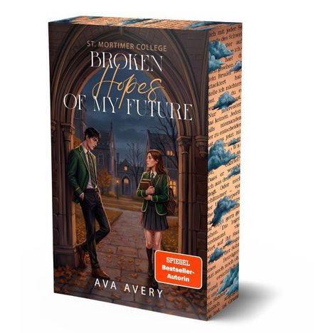 "St. Mortimer College: Broken Hopes of My Future, Ava Avery." Zwei Schüler vor einem Bogen in herbstlicher Szenerie.
