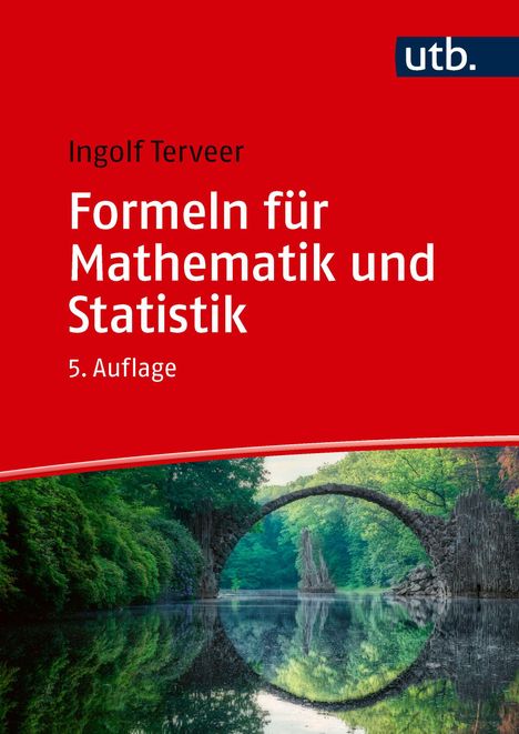 "Ingolf Terveer, Formeln für Mathematik und Statistik, 5. Auflage" auf rotem Hintergrund mit Landschaftsbild unten.