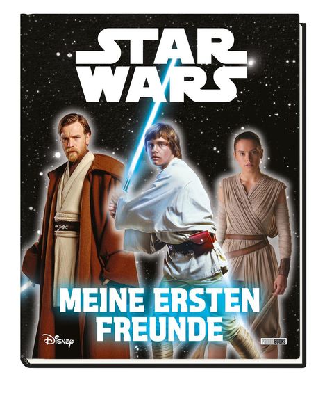 „Star Wars: Meine Ersten Freunde“ in großen Buchstaben, mit drei zentralen Charakteren in futuristischer Kleidung.