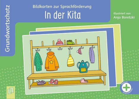 Texte: "Bildkarten zur Sprachförderung", "In der Kita", "Grundwortschatz". Illustration einer Garderobe mit Kinderkleidung.