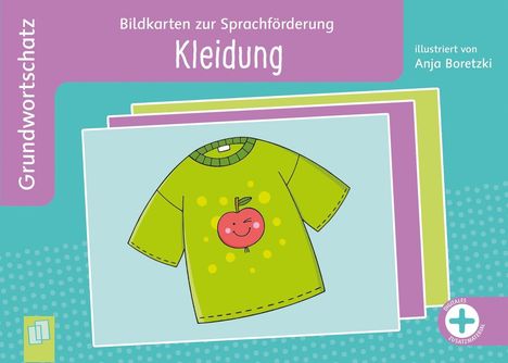 "Bildkarten zur Sprachförderung Kleidung", grünes Shirt mit lächelndem, zwinkerndem Apfel. Illustration von Anja Boretzki.