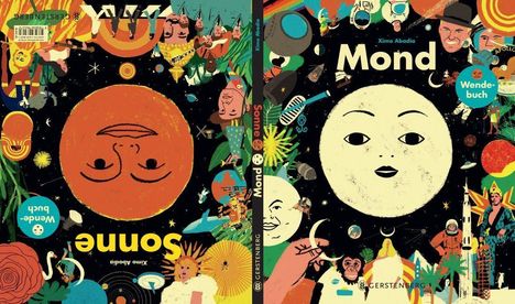 "Ximo Abadía, Mond, Wende-buch, Sonne, bunte Illustrationen von Sonne, Mond, Menschen und Planeten auf dunklem Hintergrund."
