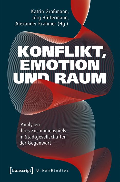 Titel: "Konflikt, Emotion und Raum". Autoren: Katrin Großmann, Jörg Hüttermann, Alexander Krahmer. Abstrakte Linien in Rot und Blau.