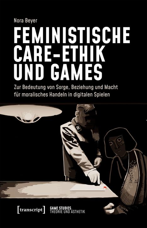 „Feministische Care-Ethik und Games“ von Nora Beyer, Illustration mit Person in Handschuhen, zeigt auf Tisch mit Papier.