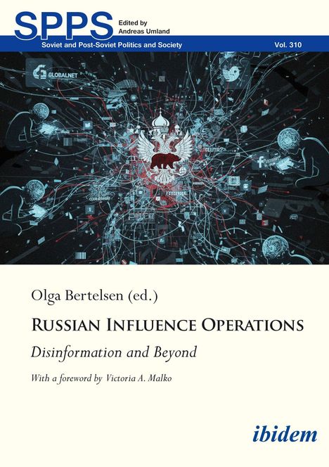 "Russian Influence Operations" ist ein Buchcover mit digitalen Netzwerken und einem russischen Wappen im Zentrum.