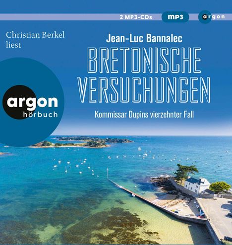 Text: "2 MP3-CDs", "Christian Berkel liest", "Jean-Luc Bannalec", "Bretonische Versuchungen", "Kommissar Dupins vierzehnter Fall", "argon hörbuch". Unten Küste und Meer.