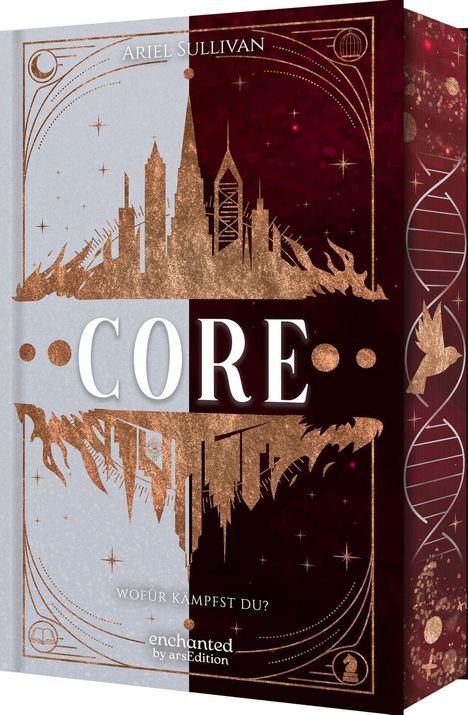 „Ariel Sullivan“, „CORE“, „WOFÜR KÄMPFST DU?“; zeigt eine zweifarbige Skyline, links hell, rechts dunkelrot.