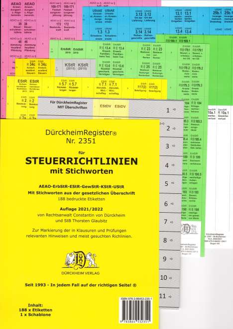 DürckheimRegister® STEUERRICHTLINIEN mit STICHWORTEN aus der gesetzlichen Überschrift - 2021/2022, Buch
