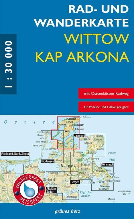 Text: "RAD- UND WANDERKARTE WITTOW KAP ARKONA 1:30 000 mit Ostseeküsten-Radweg, für Pedelec und E-Bike geeignet". Karte von Rügen.