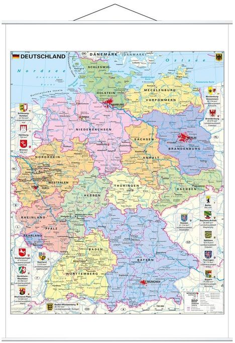 Heinrich Stiefel: Deutschland politisch mit Wappen 1 : 700.000. Wandkarte mit Metallbeleistung, Karten