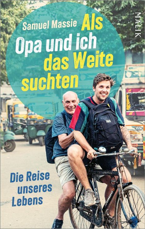 Text: "Samuel Massie. Als Opa und ich das Weite suchten. Die Reise unseres Lebens." Ein älterer Mann und ein junger Mann auf einem Fahrrad.