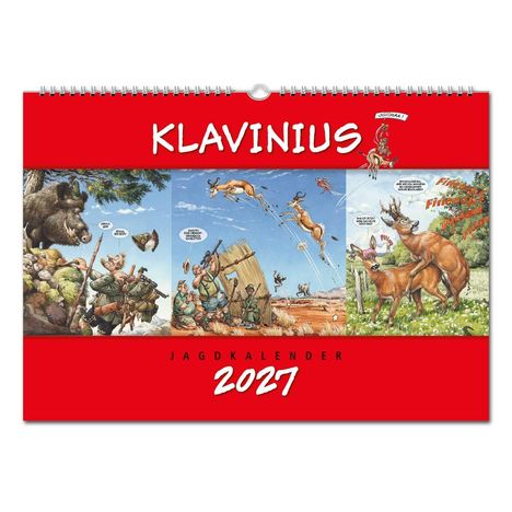 "KLAVINIUS JAGDKALENDER 2021" ist oben und unten ist ein roter Hintergrund. Es zeigt humorvolle Jagdszenen.