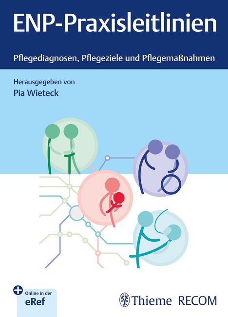 Titel: "ENP-Praxisleitlinien". Untertitel: "Pflegediagnosen, Pflegeziele und Pflegemaßnahmen". Herausgeber: Pia Wieteck. Grafik bunte Figuren.