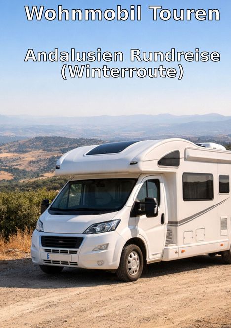 "Wohnmobil Touren: Andalusien Rundreise (Winterroute)". Ein weißes Wohnmobil steht in einer hügeligen Landschaft.
