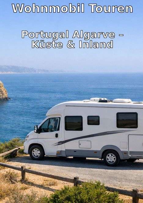 Titel: "Wohnmobil Touren". Untertitel: "Portugal Algarve - Küste & Inland". Wohnmobil mit Aussicht auf das Meer.