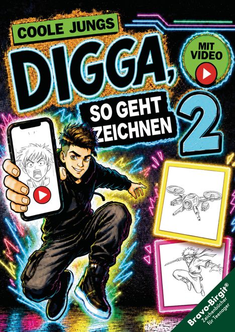 „Coole Jungs, Digga, so geht Zeichnen 2, mit Video“. Junge hält ein Handy, dynamische Pose, bunte Lichter.