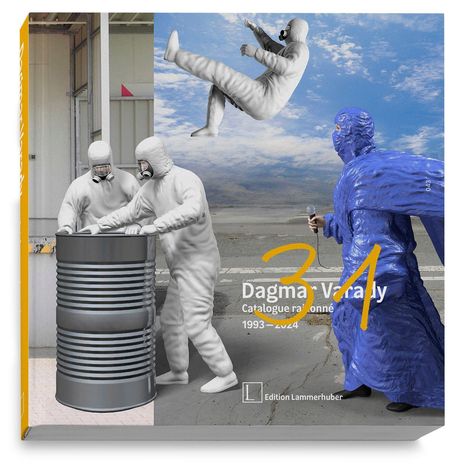 "Dagma Vraidy, Catalogue raisonné 1993–2024." Eine Illustration mit Personen in Schutzanzügen und einer Mülltonne.