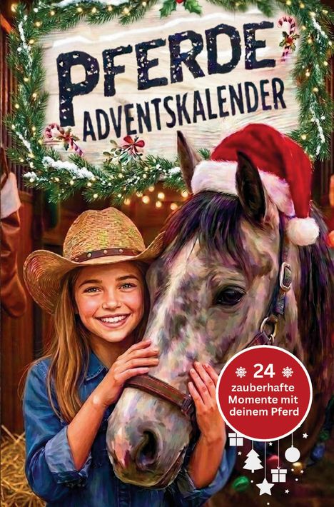 "PFERDE ADVENTSKALENDER. 24 zauberhafte Momente mit deinem Pferd." Mädchen in Cowboyhut mit Pferd, weihnachtlich geschmückt.
