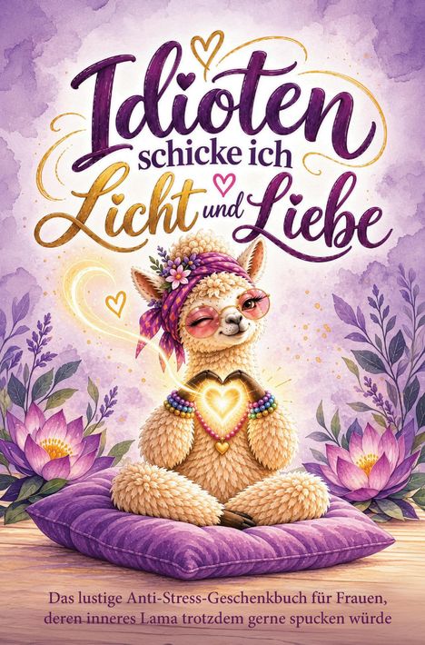 „Idioten schicke ich Licht und Liebe“. Ein meditierendes, lächelndes Lama mit Brille und Tuch, umgeben von Blumen.