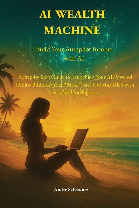 "AI Wealth Machine: Build Your Autopilot Income with AI" in großen gelben Buchstaben. Eine Frau mit Laptop am Strand bei Sonnenuntergang.