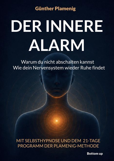 "DER INNERE ALARM" von Günther Plamenig. Eine Person mit einem leuchtenden Punkt im Brustbereich.